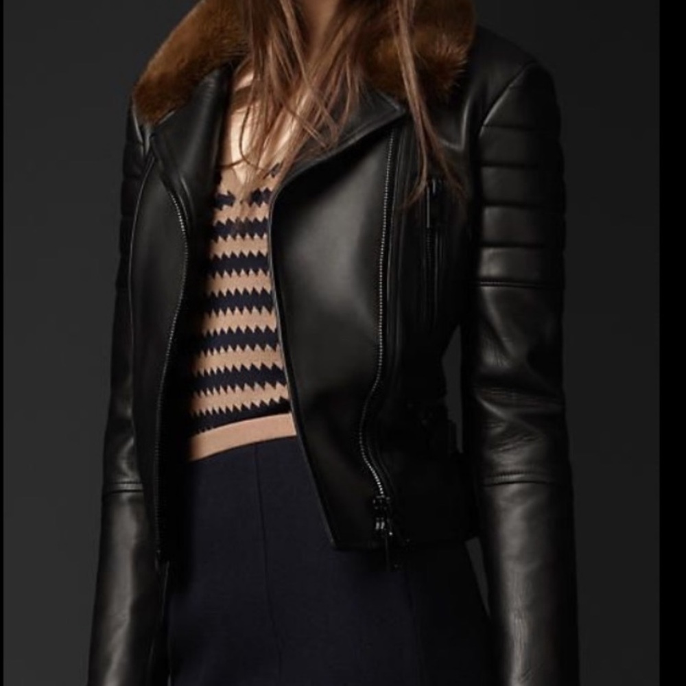BURBERRY Prorsum Pre-fall 2013 Black Lambskin Leather & Mink Motorcycle Jacket